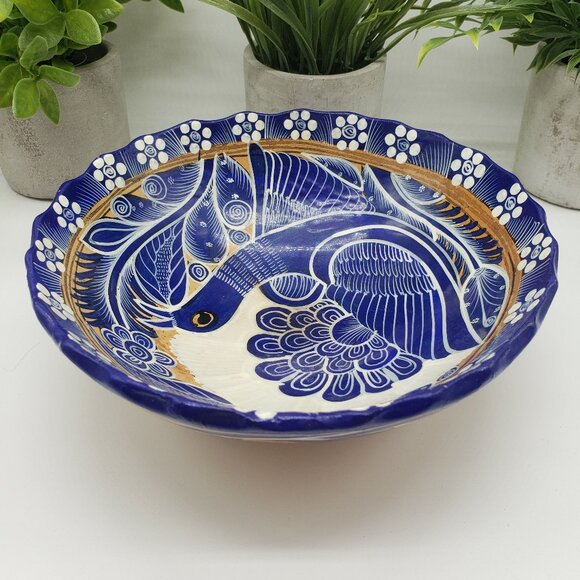 Vintage Hand Painted Mexican Talavera Blue Bird Art Pottery Dish 7.5" - Picture 5 of 8